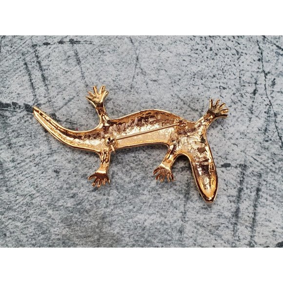 Gold Tone Black Stripe Geeko Brooch Pin - Picture 2 of 2
